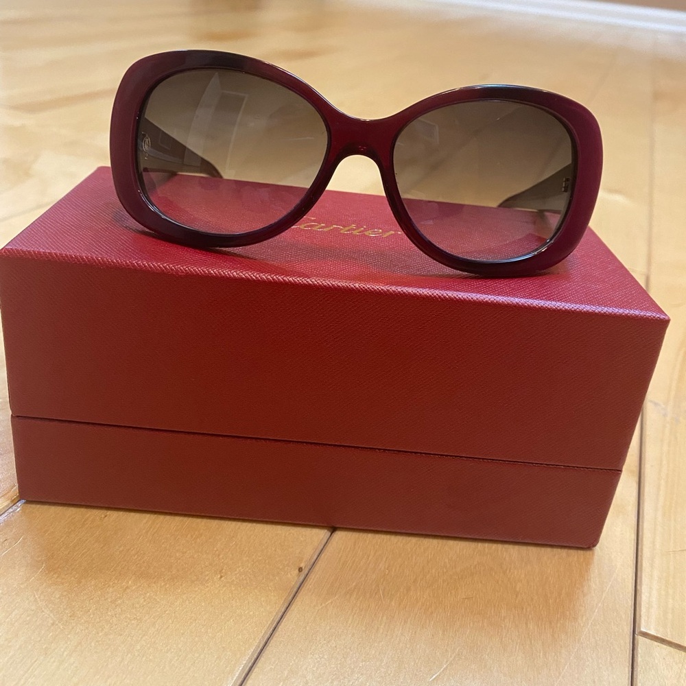 Cartier dark red oval sunglasses with case and box